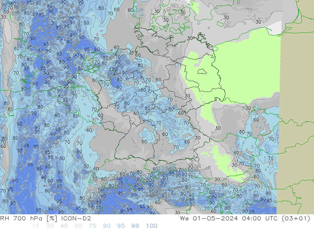 RH 700 hPa ICON-D2 St 01.05.2024 04 UTC