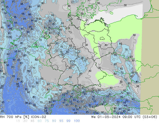 Humedad rel. 700hPa ICON-D2 mié 01.05.2024 09 UTC