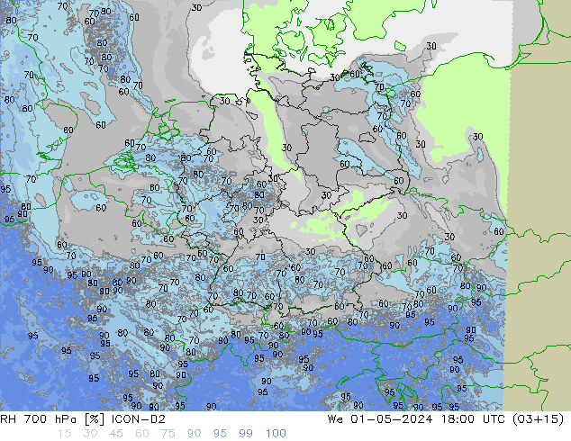 RH 700 hPa ICON-D2 We 01.05.2024 18 UTC