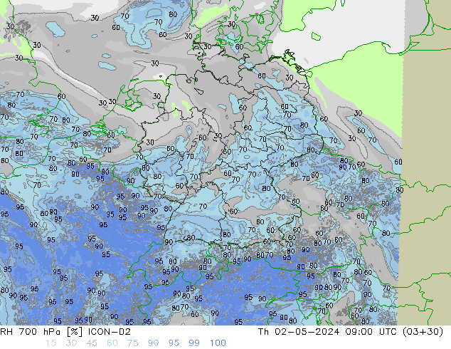 RH 700 hPa ICON-D2 Th 02.05.2024 09 UTC