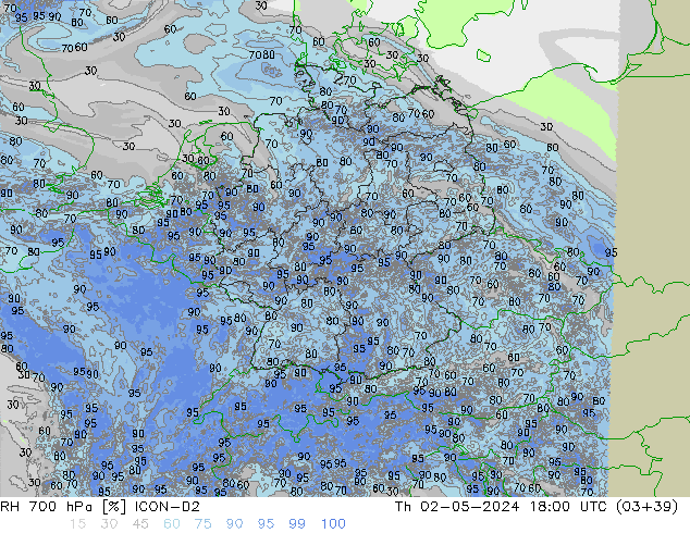 RH 700 гПа ICON-D2 чт 02.05.2024 18 UTC