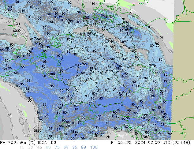 RH 700 гПа ICON-D2 пт 03.05.2024 03 UTC