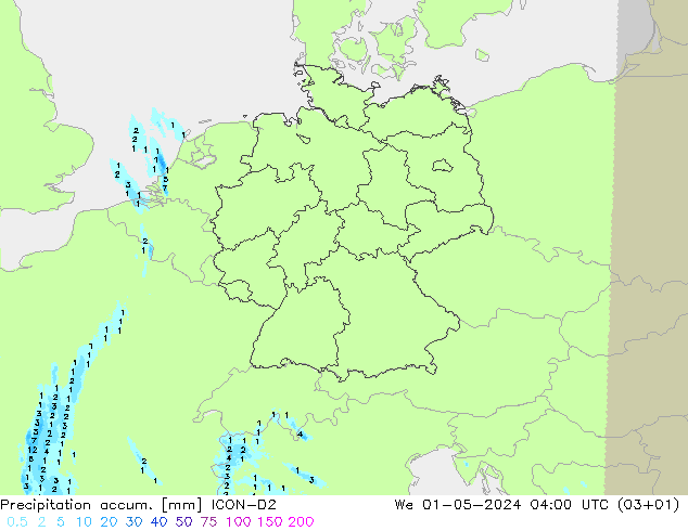 Precipitation accum. ICON-D2 śro. 01.05.2024 04 UTC
