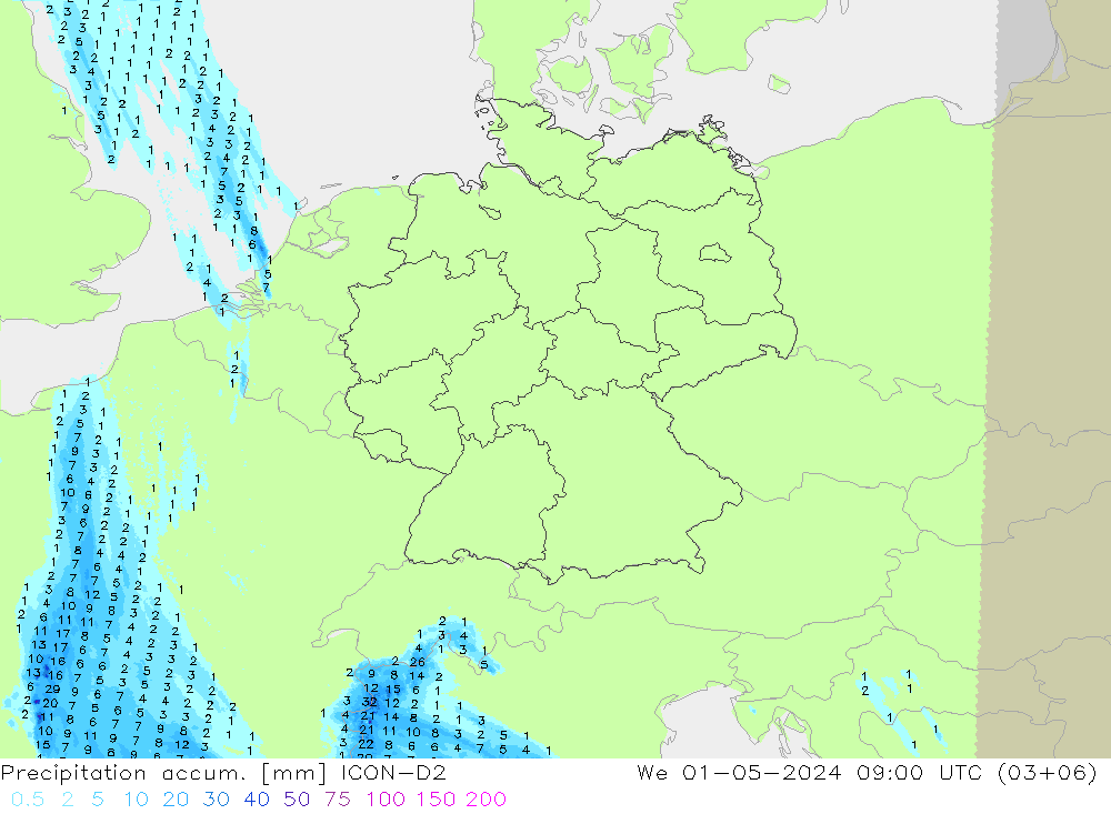 Precipitation accum. ICON-D2 śro. 01.05.2024 09 UTC