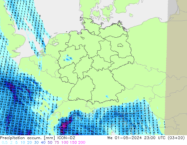 Precipitation accum. ICON-D2 We 01.05.2024 23 UTC