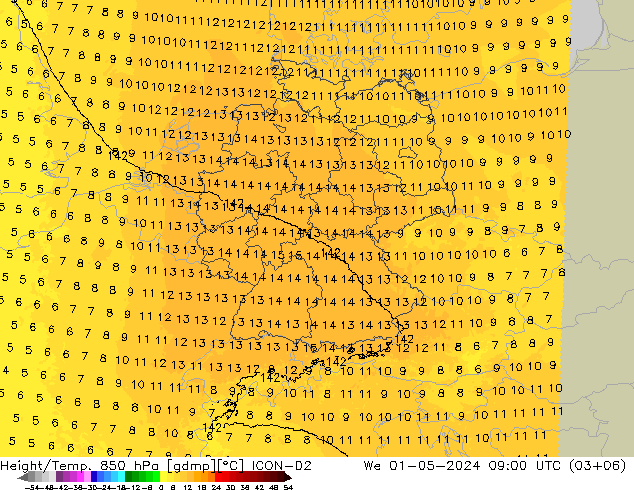 Géop./Temp. 850 hPa ICON-D2 mer 01.05.2024 09 UTC