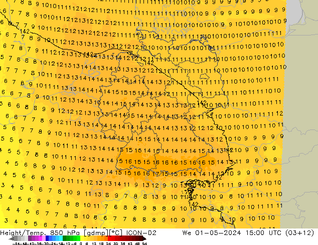 Height/Temp. 850 hPa ICON-D2 Mi 01.05.2024 15 UTC