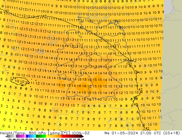 Géop./Temp. 850 hPa ICON-D2 mer 01.05.2024 21 UTC