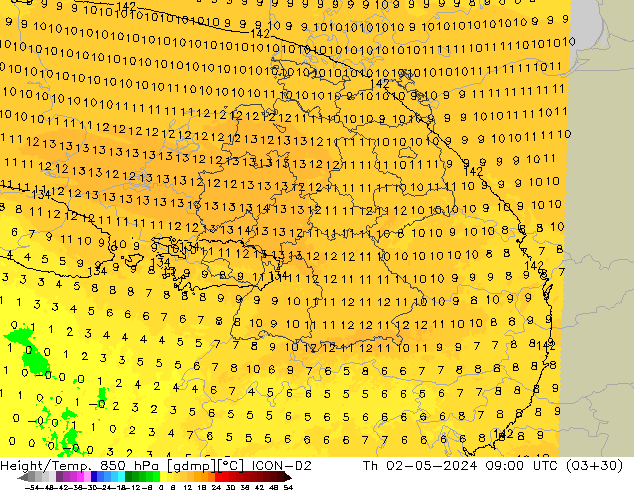 Height/Temp. 850 hPa ICON-D2 Th 02.05.2024 09 UTC