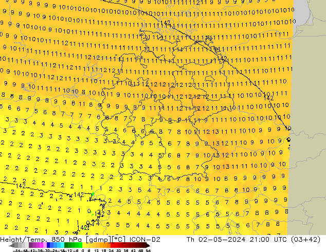 Hoogte/Temp. 850 hPa ICON-D2 do 02.05.2024 21 UTC