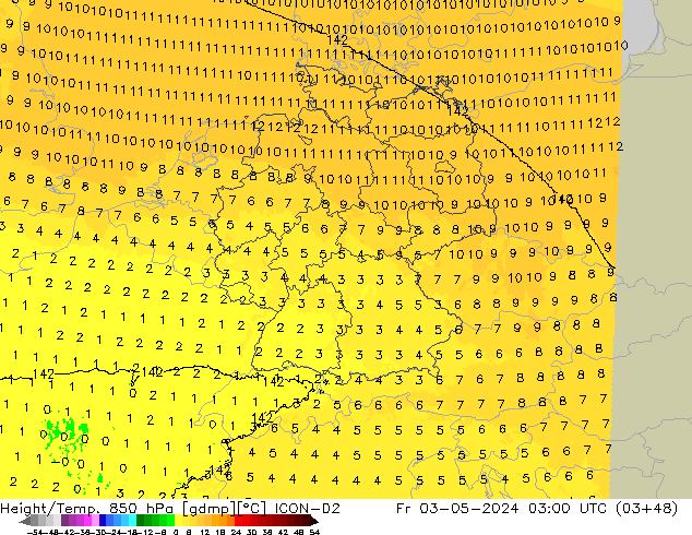 Height/Temp. 850 hPa ICON-D2 Sex 03.05.2024 03 UTC