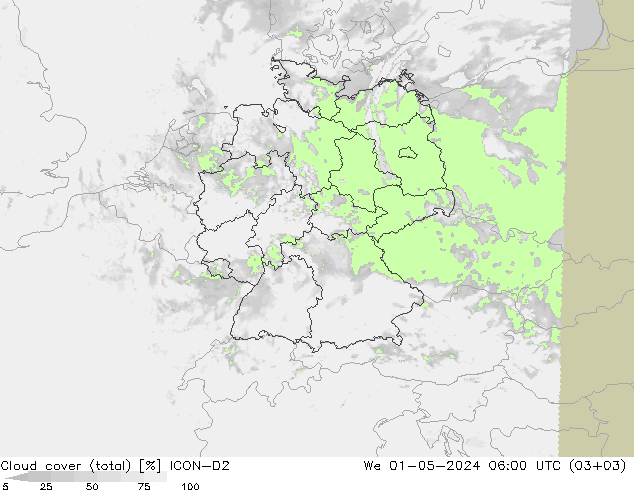 Nubes (total) ICON-D2 mié 01.05.2024 06 UTC
