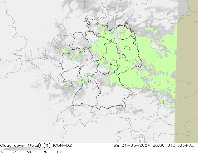 Cloud cover (total) ICON-D2 We 01.05.2024 06 UTC