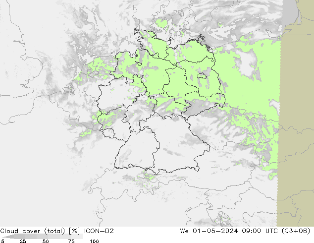 Cloud cover (total) ICON-D2 We 01.05.2024 09 UTC