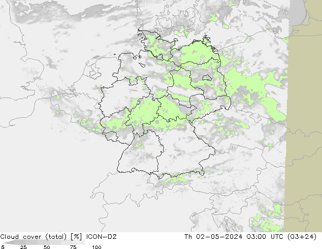 Cloud cover (total) ICON-D2 Th 02.05.2024 03 UTC