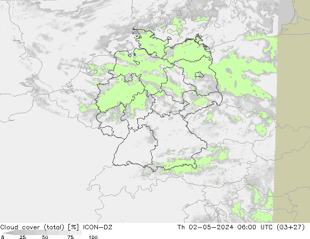 Cloud cover (total) ICON-D2 Th 02.05.2024 06 UTC