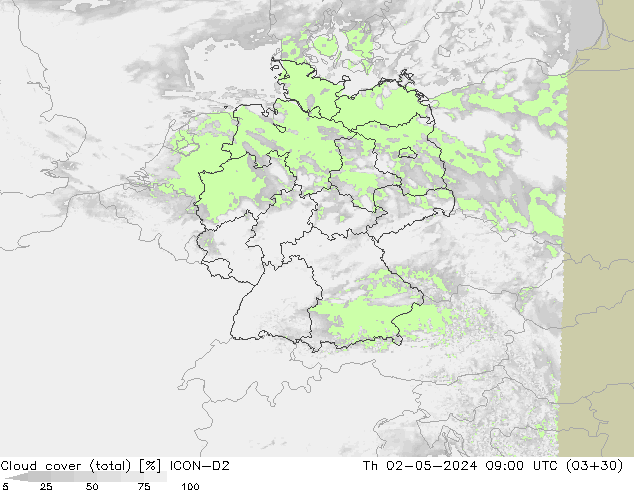 Cloud cover (total) ICON-D2 Čt 02.05.2024 09 UTC
