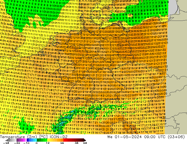 Temperature (2m) ICON-D2 We 01.05.2024 09 UTC