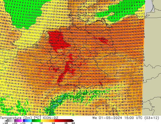 mapa temperatury (2m) ICON-D2 śro. 01.05.2024 15 UTC