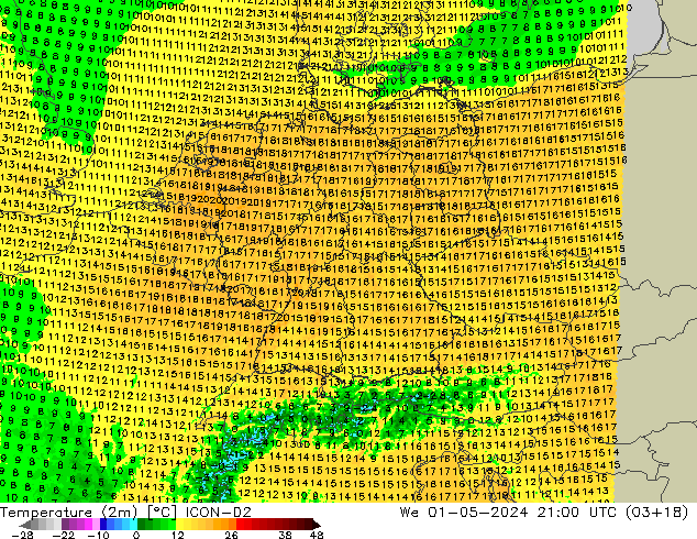 mapa temperatury (2m) ICON-D2 śro. 01.05.2024 21 UTC