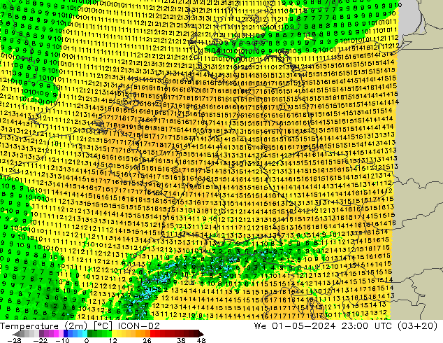 Temperature (2m) ICON-D2 We 01.05.2024 23 UTC