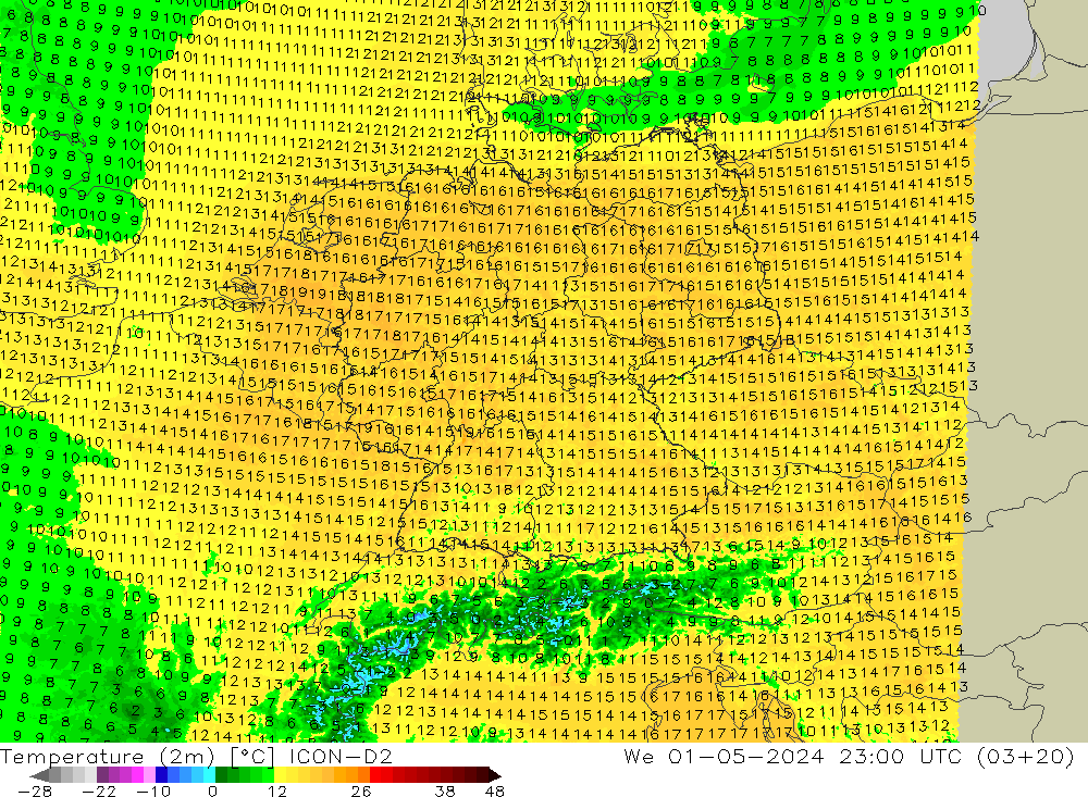 Temperature (2m) ICON-D2 We 01.05.2024 23 UTC