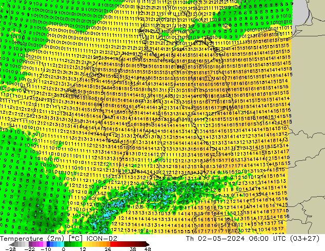 Temperaturkarte (2m) ICON-D2 Do 02.05.2024 06 UTC