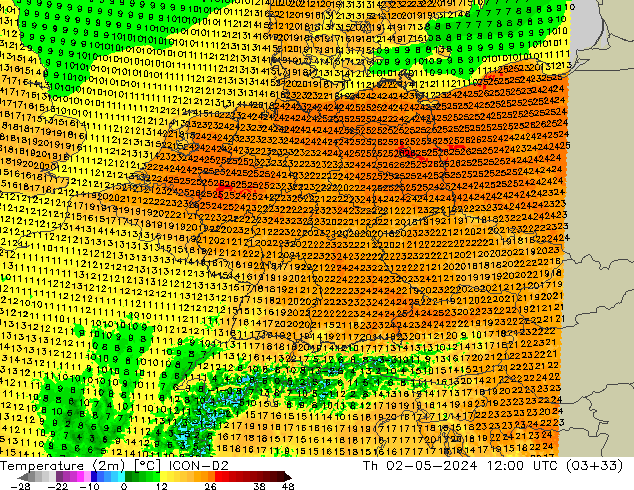 Temperature (2m) ICON-D2 Th 02.05.2024 12 UTC