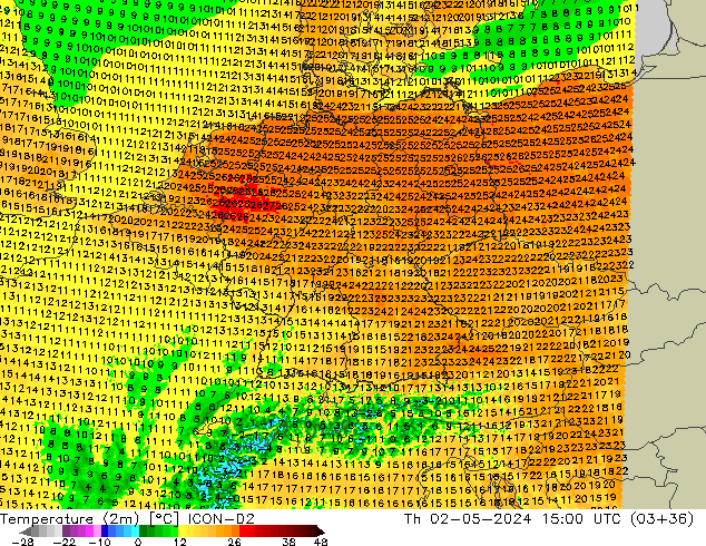 Temperature (2m) ICON-D2 Čt 02.05.2024 15 UTC