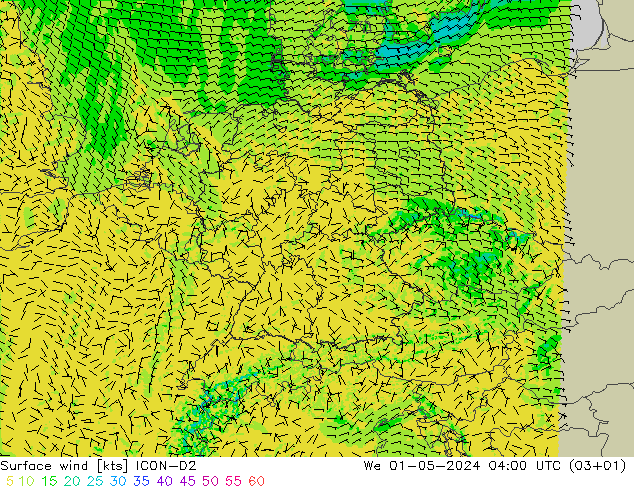 Vento 10 m ICON-D2 mer 01.05.2024 04 UTC