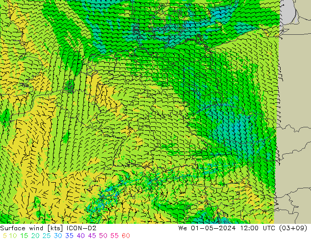 Surface wind ICON-D2 We 01.05.2024 12 UTC