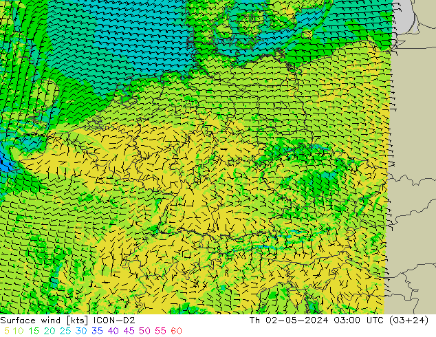 Surface wind ICON-D2 Th 02.05.2024 03 UTC