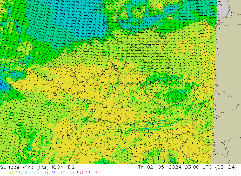 Vento 10 m ICON-D2 Qui 02.05.2024 03 UTC