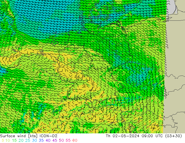 Surface wind ICON-D2 Čt 02.05.2024 09 UTC