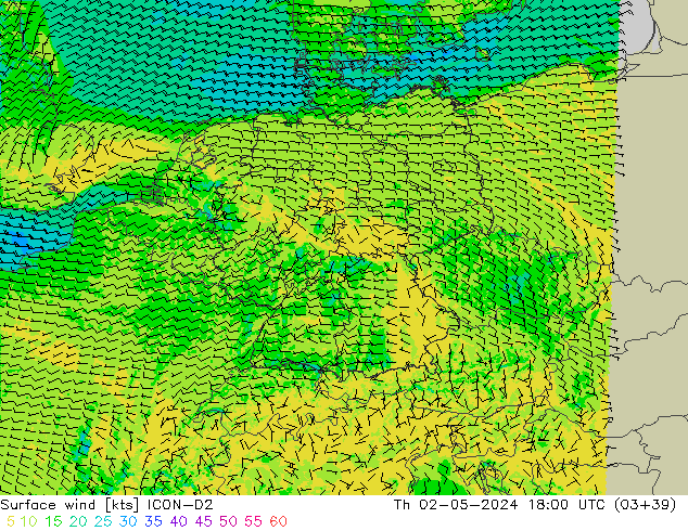 Vent 10 m ICON-D2 jeu 02.05.2024 18 UTC