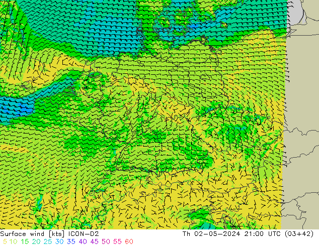 Vento 10 m ICON-D2 Qui 02.05.2024 21 UTC