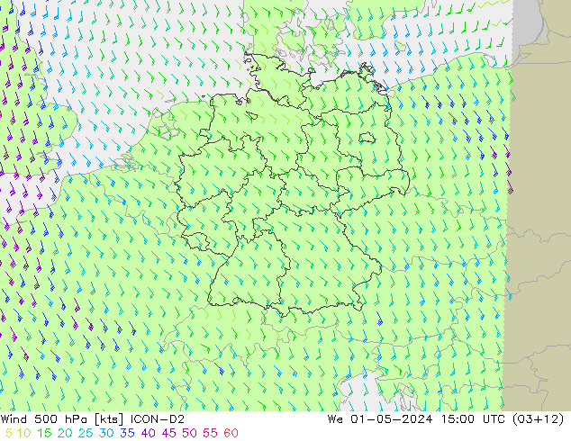 wiatr 500 hPa ICON-D2 śro. 01.05.2024 15 UTC