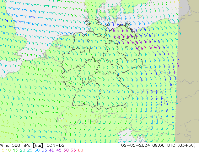 Wind 500 hPa ICON-D2 Th 02.05.2024 09 UTC