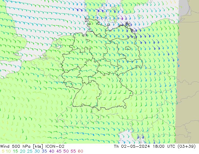 ветер 500 гПа ICON-D2 чт 02.05.2024 18 UTC