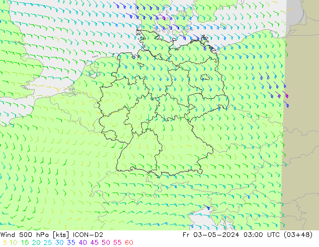 Vent 500 hPa ICON-D2 ven 03.05.2024 03 UTC