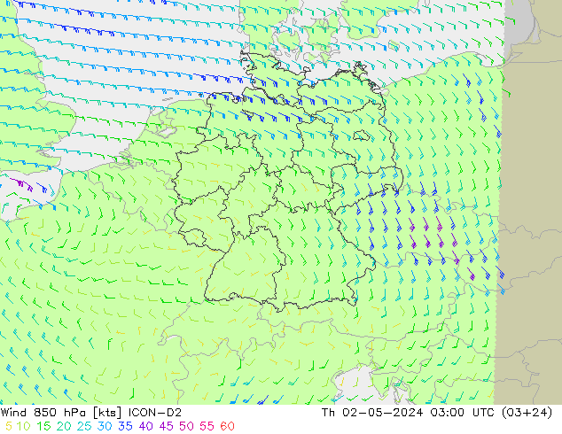 Viento 850 hPa ICON-D2 jue 02.05.2024 03 UTC