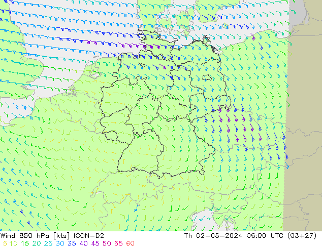 Vento 850 hPa ICON-D2 Qui 02.05.2024 06 UTC