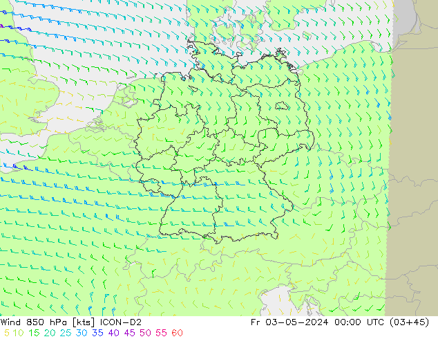 Vento 850 hPa ICON-D2 Sex 03.05.2024 00 UTC