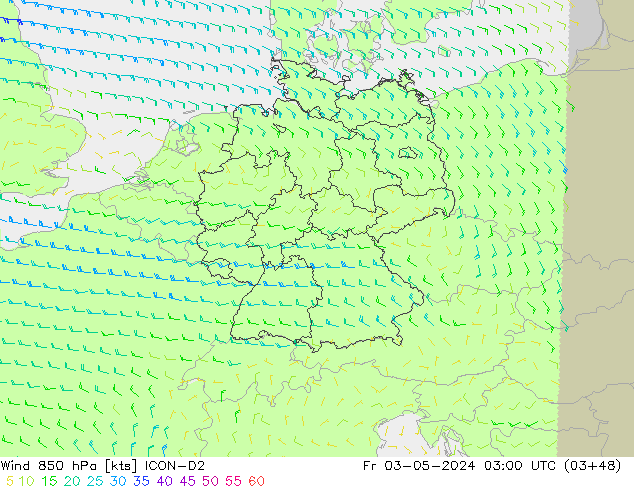 Vento 850 hPa ICON-D2 Sex 03.05.2024 03 UTC