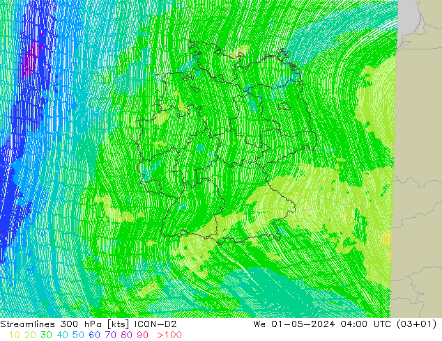 Linea di flusso 300 hPa ICON-D2 mer 01.05.2024 04 UTC