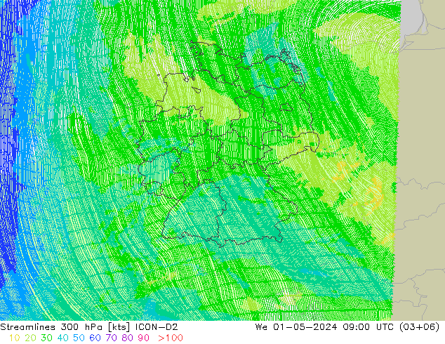 Stroomlijn 300 hPa ICON-D2 wo 01.05.2024 09 UTC