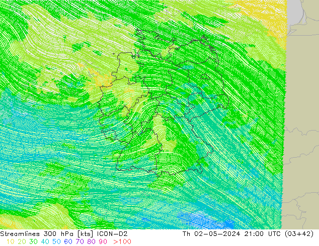 Línea de corriente 300 hPa ICON-D2 jue 02.05.2024 21 UTC