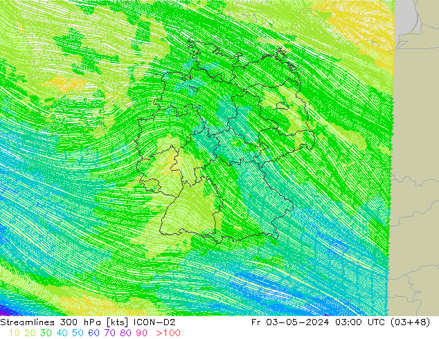 Stromlinien 300 hPa ICON-D2 Fr 03.05.2024 03 UTC