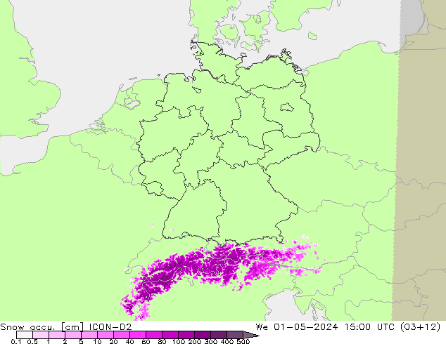 Snow accu. ICON-D2 śro. 01.05.2024 15 UTC