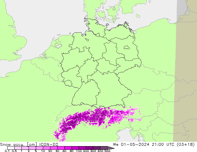 Snow accu. ICON-D2 mer 01.05.2024 21 UTC